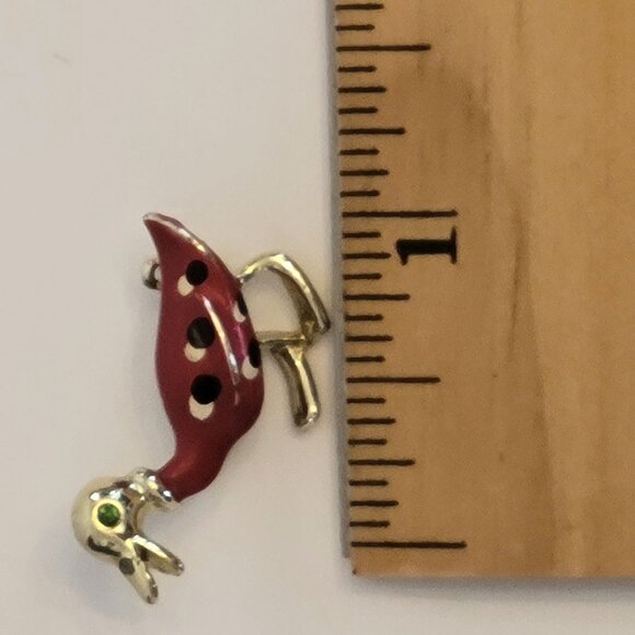 Vintage Enamel Duck Brooch Pin With Polka Dots & Green Gem Eyes - Picture 4 of 4